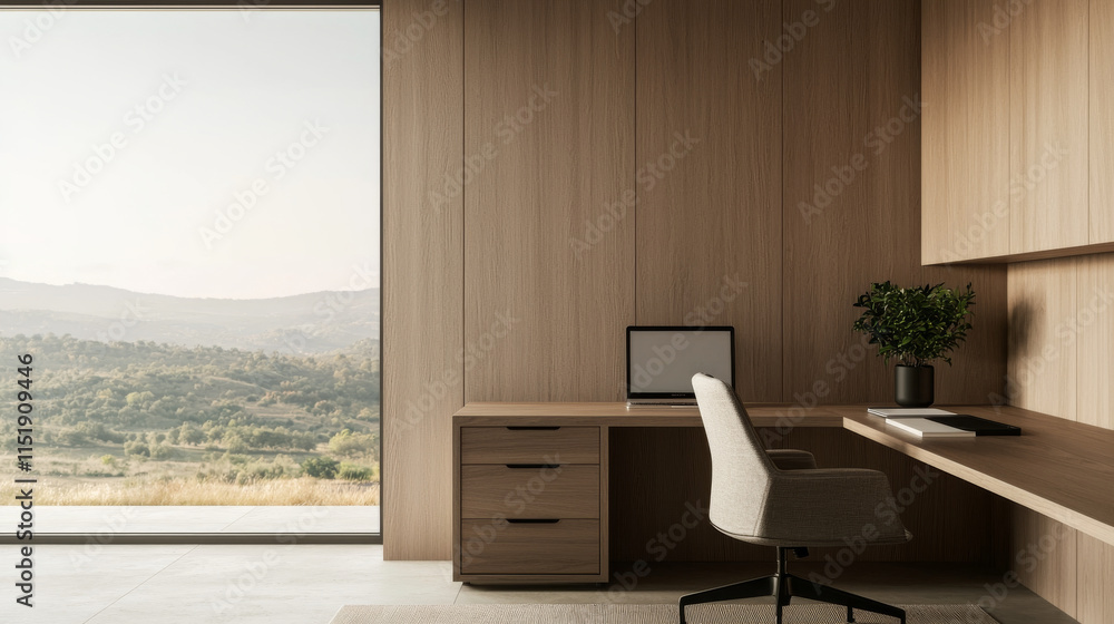 Fototapeta premium Minimalist home office design with natural light and scenic view