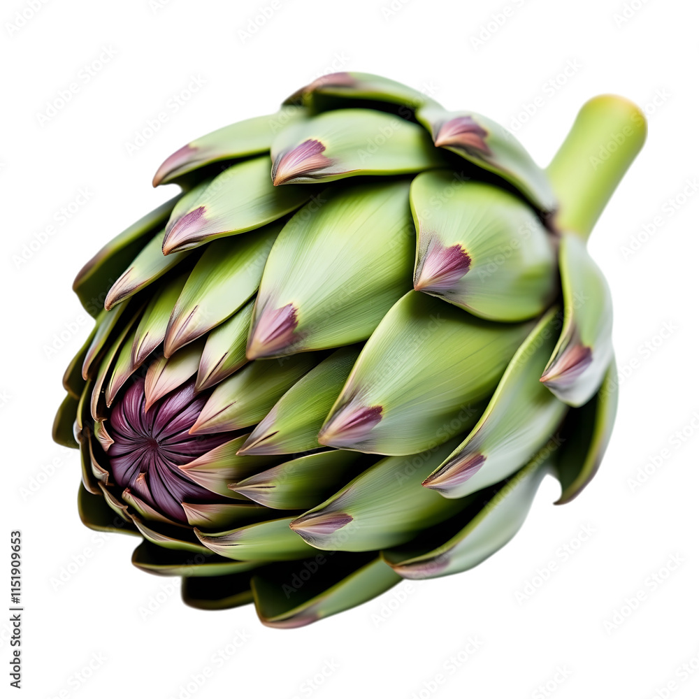 Fresh artichoke with layers of green bracts and purple tips isolated on a transparent background Fresh artichoke with layers of green bracts and purple tips isolated on a transparent background