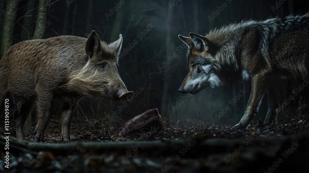Fototapeta premium Wild Boar and Wolf Confrontation in Dark Forest