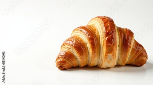 Golden-brown baked croissant on white background, showcasing flaky layers and delicious texture