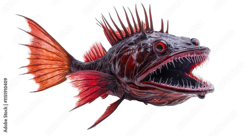 Vibrant red fish with sharp teeth and spikes. transparent background Vibrant red fish with sharp teeth and spikes. transparent background
