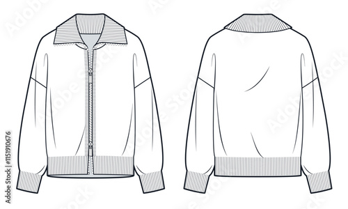 Collar Cardigan technical fashion illustration. Cardigan Sweater fashion flat technical drawing template, front zipper, relaxed fit, front and back view, white, women, men, unisex CAD mockup.