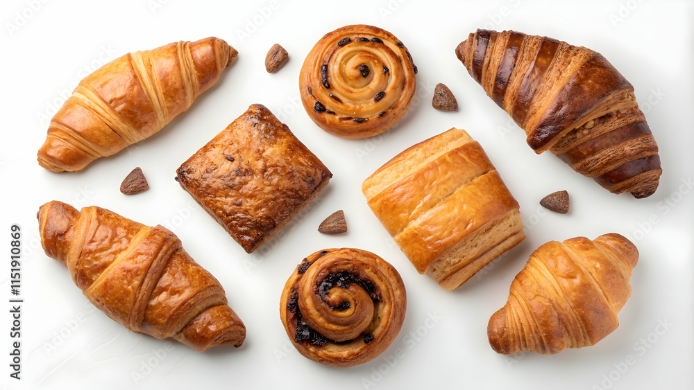 Assorted Pastries on White Surface with Croissants, Pain au Chocolate, and Cinnamon Roll Assorted Pastries on White Surface with Croissants, Pain au Chocolate, and Cinnamon Roll
