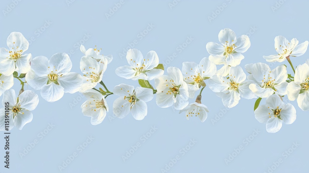 Obraz premium Delicate white spring blossoms forming a beautiful border on a light blue background with ample space for copy or text.