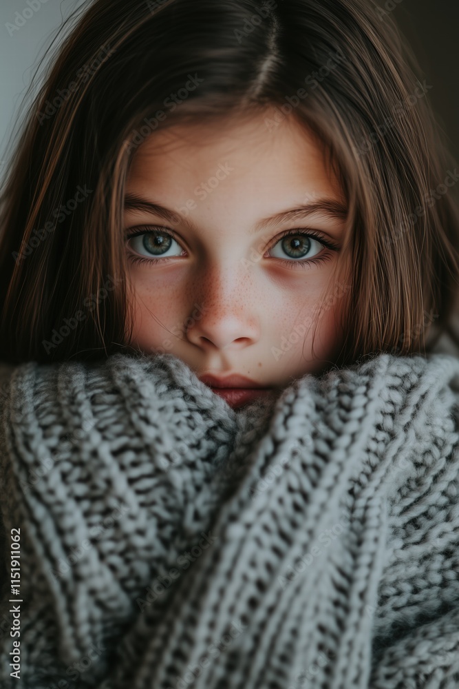 A close-up portrait of a young girl with long brown hair, wrapped in a cozy gray knitted scarf. She has striking blue eyes and a soft expression, creating an intimate and warm atmosphere. A close-up portrait of a young girl with long brown hair, wrapped in a cozy gray knitted scarf. She has striking blue eyes and a soft expression, creating an intimate and warm atmosphere.