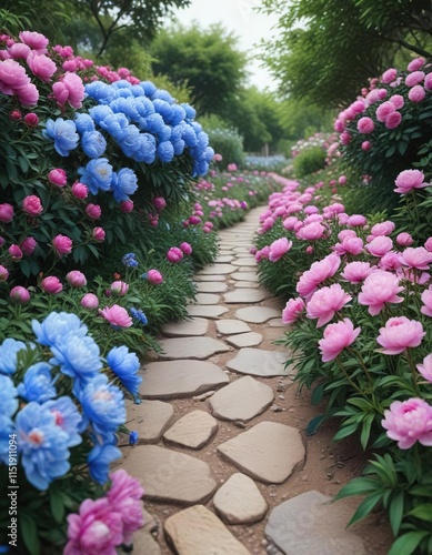 Fototapeta Naklejka Na Ścianę i Meble -  Blue and pink peony flowers blooming in a garden with a winding path, blue, peony, flowers