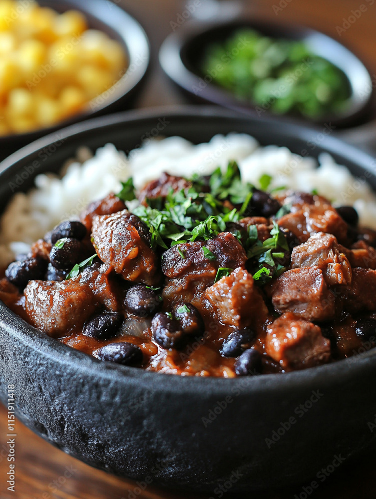 Delicious black bean stew served with rice and garnished Delicious black bean stew served with rice and garnished