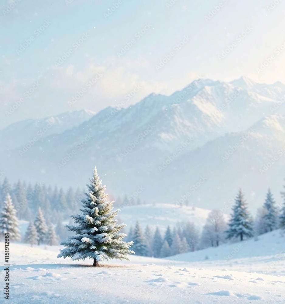 Winter landscape with a small Christmas tree in the foreground, tiny trees , frozen ground Winter landscape with a small Christmas tree in the foreground, tiny trees , frozen ground