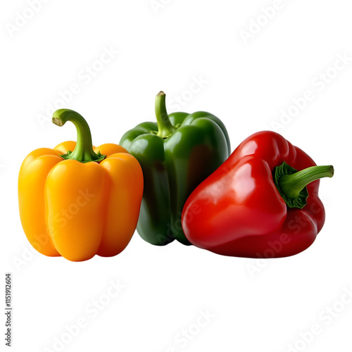 Three fresh capsicums red, yellow, and green color with glossy skin and plump shape arranged side by side isolated on a transparent background photo