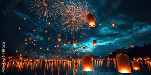 Lantern release festival celebrations lakeside photography nighttime aerial view cultural light display photo