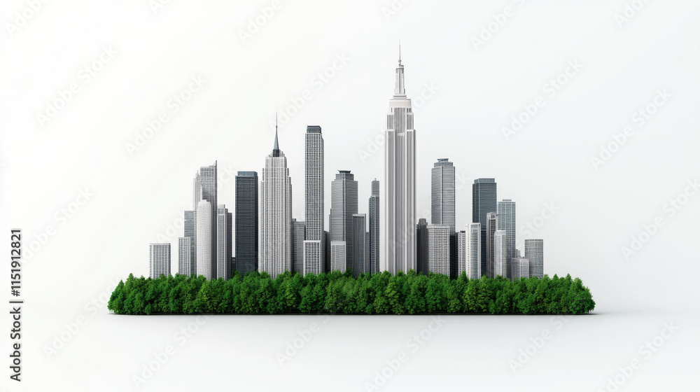 Fototapeta premium Urban skyline with skyscrapers and green trees in foreground