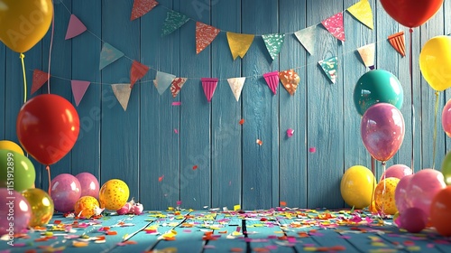 A festive birthday party scene with colorful flags, balloons, and a blue wooden backdrop, creating a celebratory atmosphere. photo