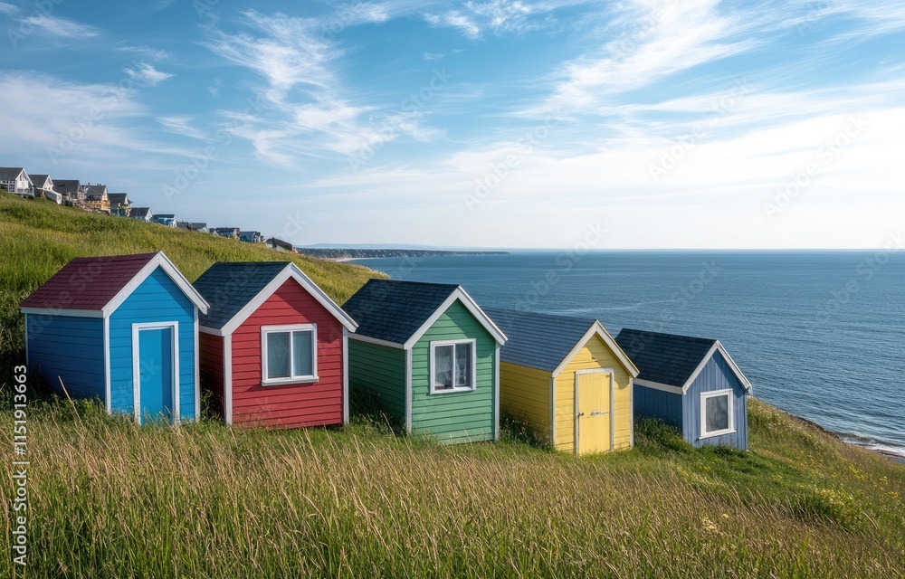 A row of colorful beach huts on the grassy hill overlooking the blue sea, with a clear sky and clouds in the background A row of colorful beach huts on the grassy hill overlooking the blue sea, with a clear sky and clouds in the background