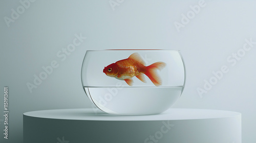 Goldfisch in transparenter Schüssel, elegant vor neutralem Hintergrund

 photo