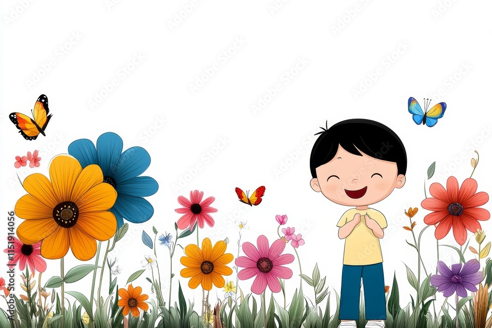 A playful 2D illustration of a child playing in a vibrant green meadow, surrounded by colorful flowers and butterflies on a white background A playful 2D illustration of a child playing in a vibrant green meadow, surrounded by colorful flowers and butterflies on a white background