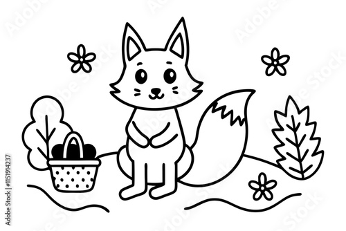 A cheerful cartoon fox with a bushy tail line art illustration