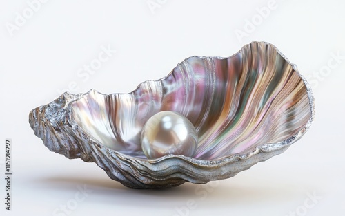 A 3D render of an open oyster shell with a smooth, iridescent interior cradling a lustrous pearl in the center.  photo