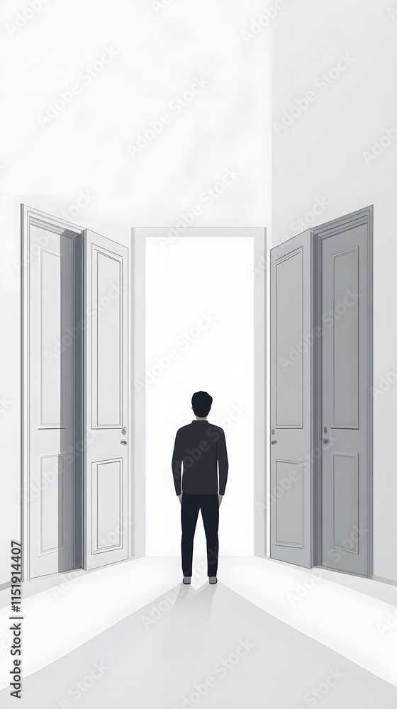 Fototapeta premium A man stands in front of an open door, and behind him stand three closed doors.