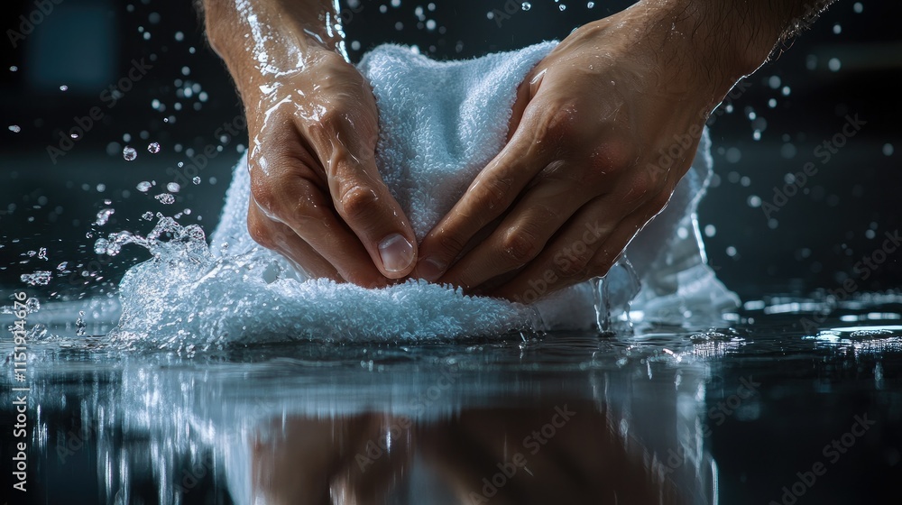 Fototapeta premium Wet towel being twisted and squeezed by strong hands, water streaming onto a reflective floor