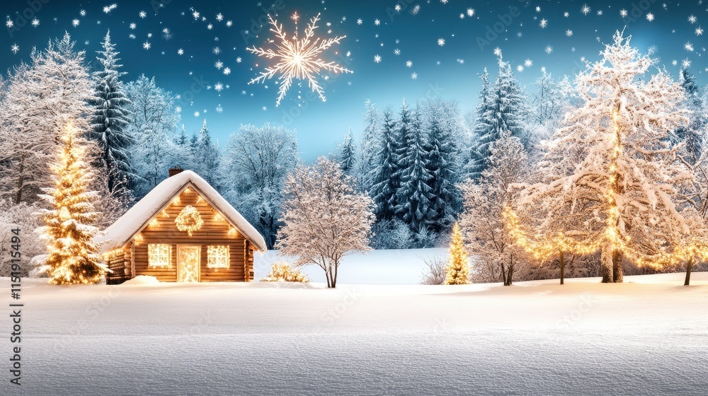 Naklejka premium Magical Christmas Cabin in Snowy Winter Wonderland