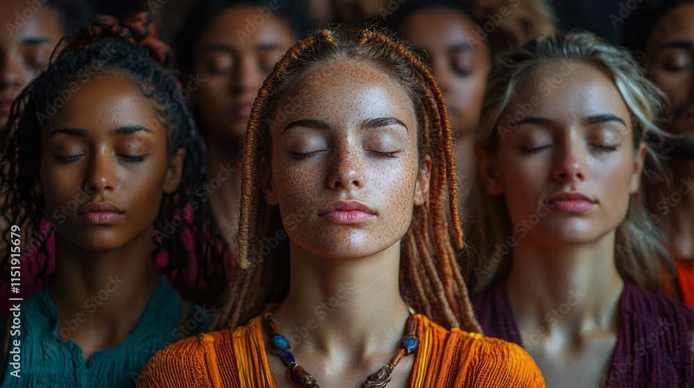 Obraz premium Diversity, people and row with eyes closed for meditate in dark background