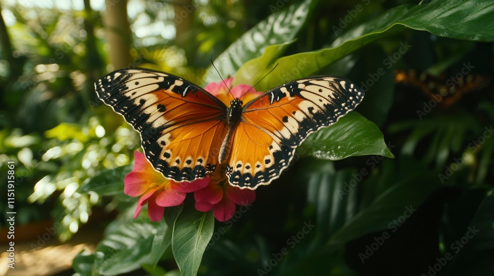 Orange Butterfly Resting on Pink Flower in Lush Greenery Orange Butterfly Resting on Pink Flower in Lush Greenery