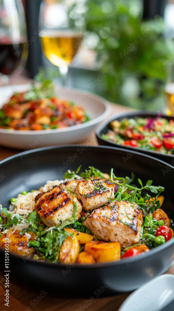 Grilled chicken dish with vegetables and herbs, served in restaurant Grilled chicken dish with vegetables and herbs, served in restaurant