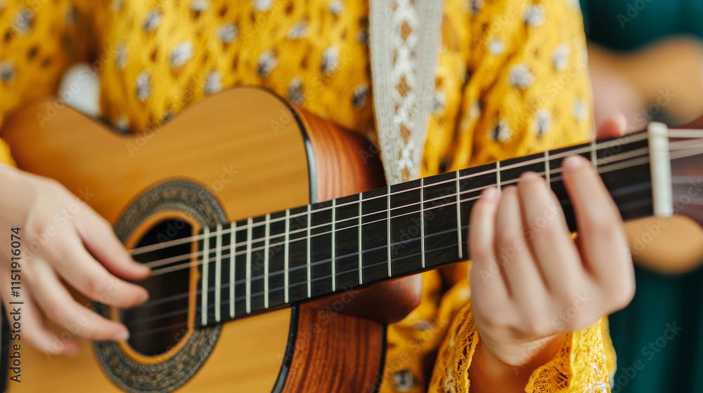 Obraz premium Playing guitar with focus and passion in cozy setting