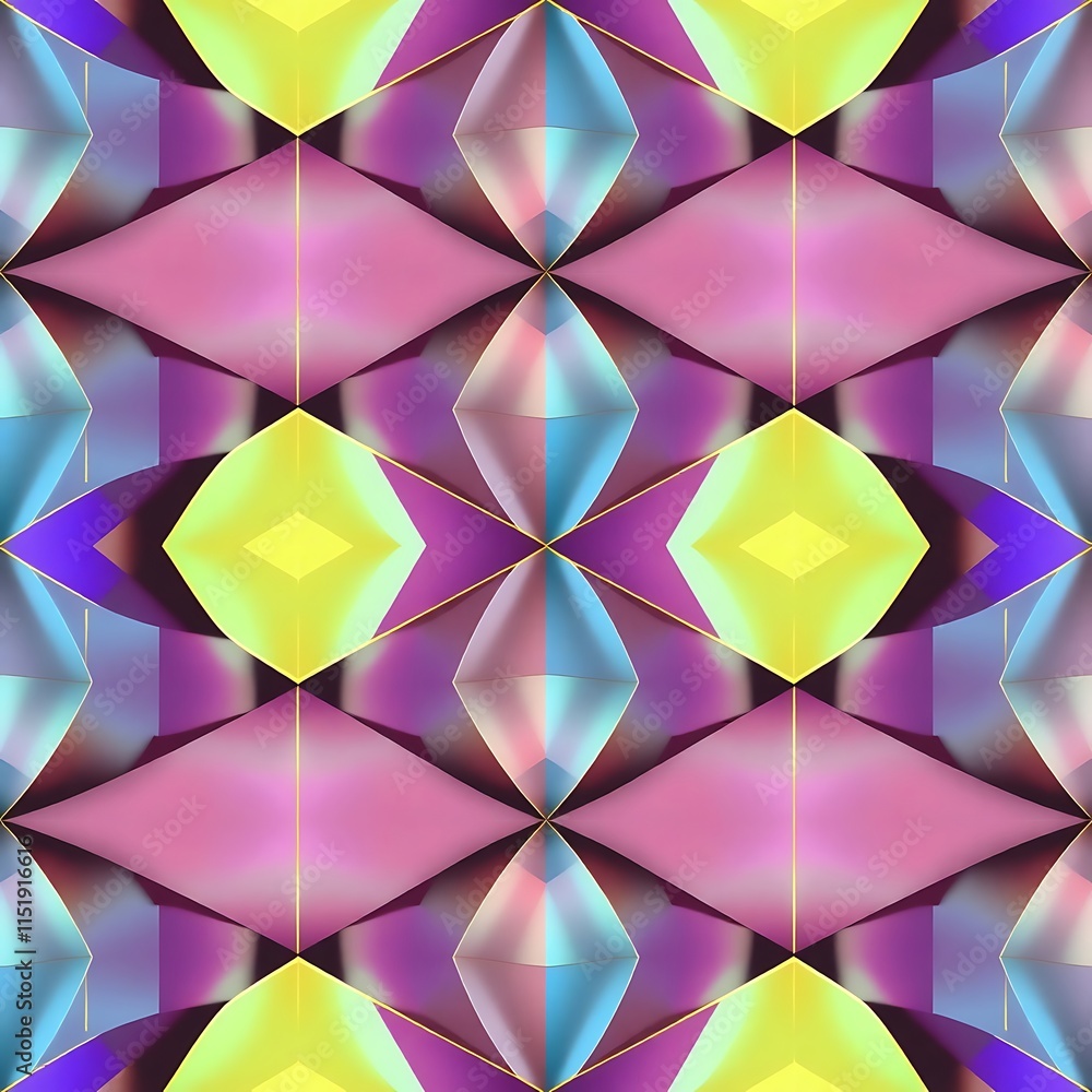 Obraz premium Geometric Kaleidoscope: A mesmerizing, vibrant, and symmetrical pattern of interlocked shapes in a kaleidoscope of colors. The abstract design evokes a sense of movement, energy, and optical illusion.