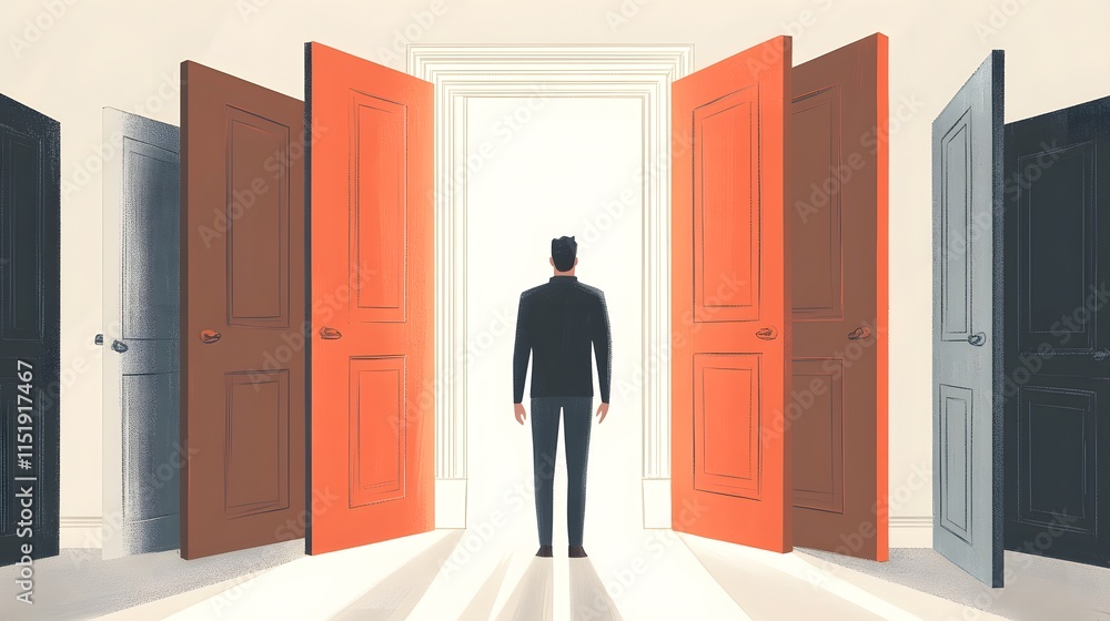 Fototapeta premium A man stands in front of an open door, and behind him stand three closed doors.