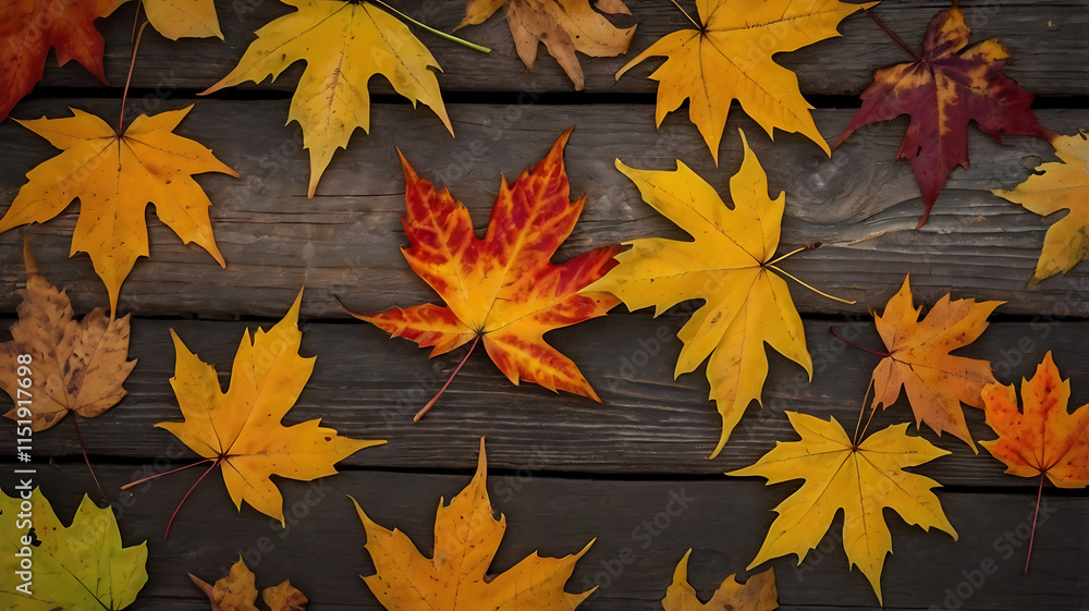 Top view of autumn maple leaves on old wooden background Top view of autumn maple leaves on old wooden background