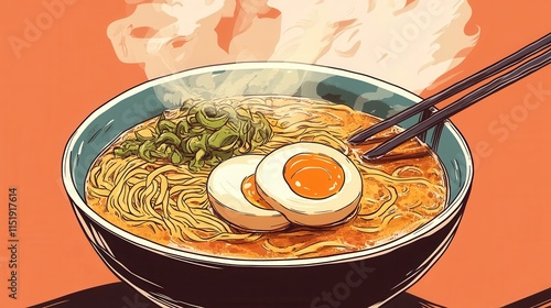 Creamy Ramen Delight, a bowl brimming with thick noodles, rich broth, and a perfectly soft-boiled egg, inviting warmth and flavor. photo