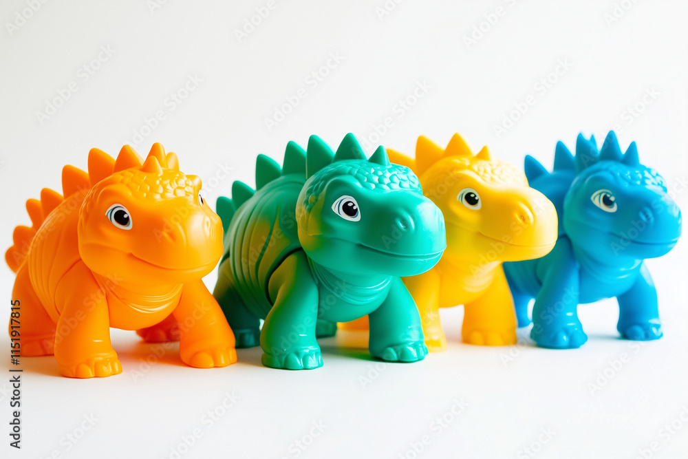 a 4 pack set of 4 cute toy dinosaurs, kids toy, isolated on white