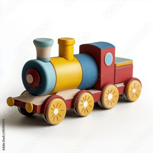 minimal Colorful wooden toy train isolated on white background photo