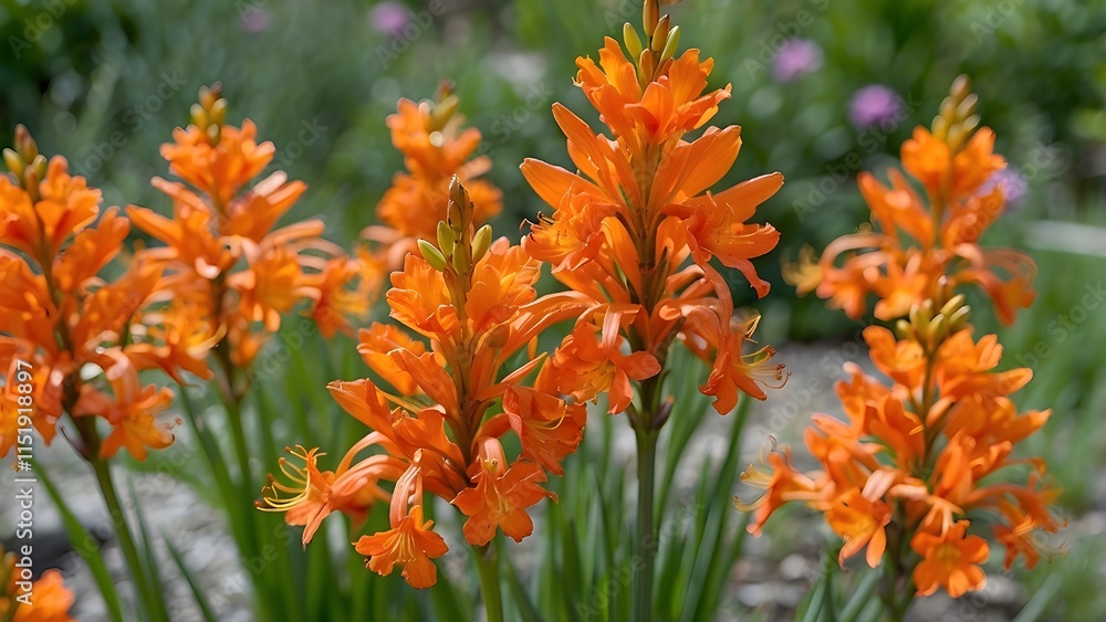 Close up of orange crocosmia flowers in a garden in summer
Close up of orange crocosmia flowers in a garden in summer