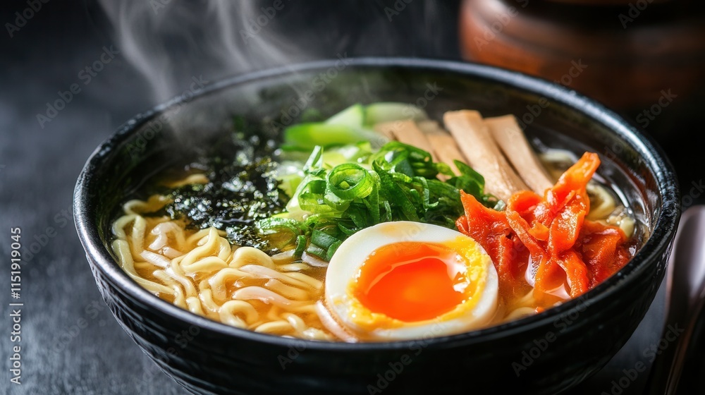 Steaming bowl of ramen, rich miso broth, soft-boiled egg, fresh vegetables, enticing aroma fills the air Steaming bowl of ramen, rich miso broth, soft-boiled egg, fresh vegetables, enticing aroma fills the air