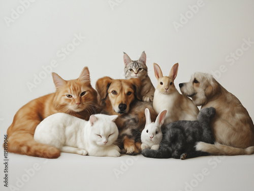Niedliche Ansammlung von Haustieren: Katzen, Hunde und Kaninchen in einer Gruppe.

