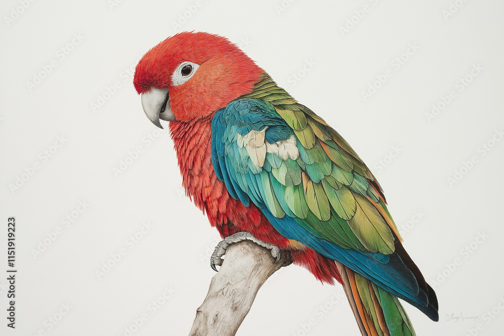 Fototapeta premium Bunter Papagei auf einem Ast, künstlerisch mit lebendigen Farben dargestellt.