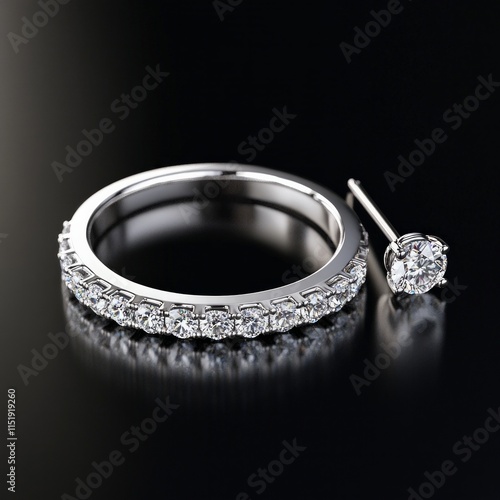 Elegant diamond engagement ring and stud earring on black background photo