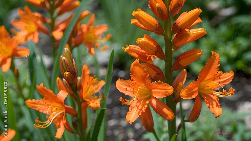 Close up of orange crocosmia flowers in a garden in summer
Close up of orange crocosmia flowers in a garden in summer