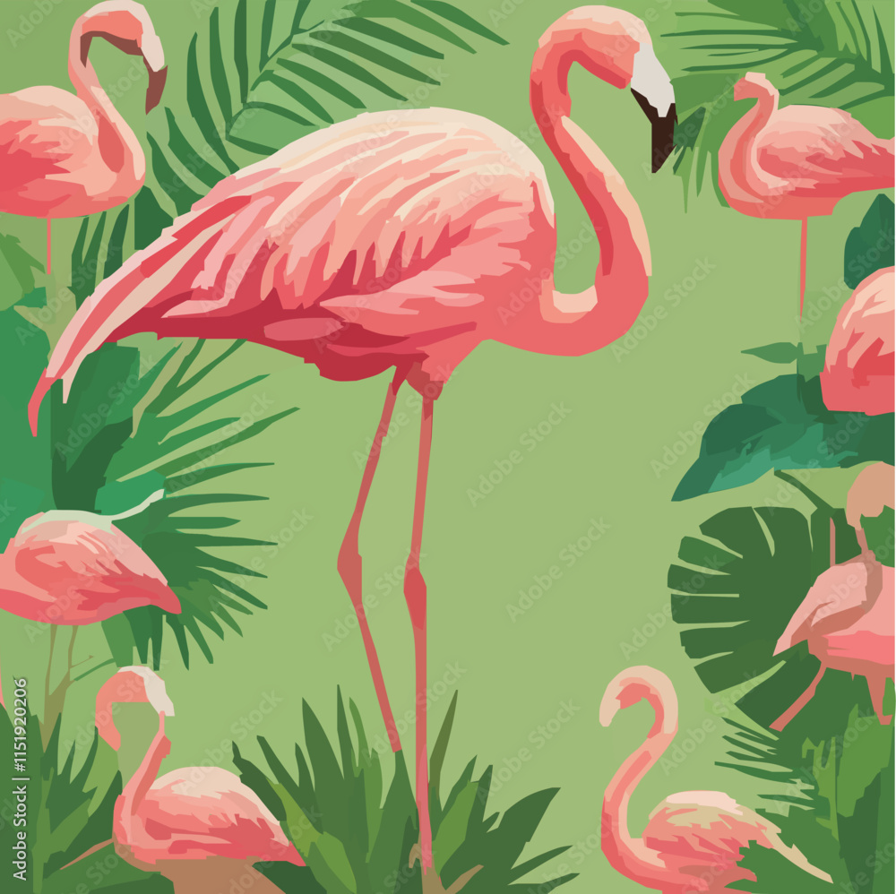 Fototapeta premium ピンクのフラミンゴと緑の背景のベクターイラスト