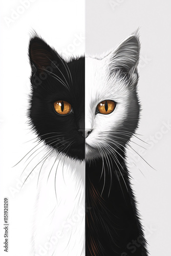 Minimalist illustration of two cats in contrasting black and white tones with colorful backgrounds, perfect for animal-themed decoration or design photo