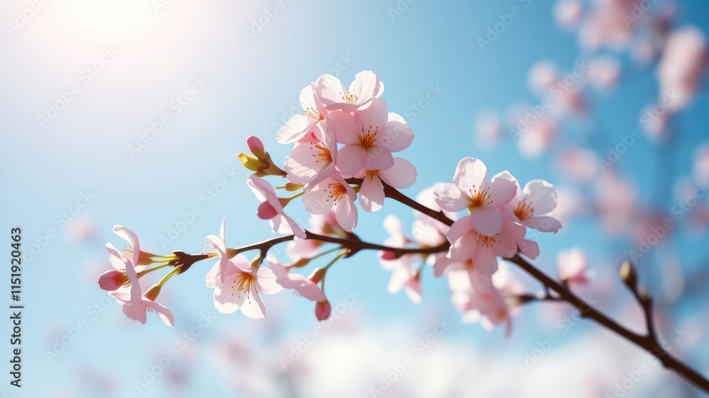 Pink cherry blossoms gently swaying in the breeze, bathed in the soft glow of the sun, against a clear blue sky. Pink cherry blossoms gently swaying in the breeze, bathed in the soft glow of the sun, against a clear blue sky.