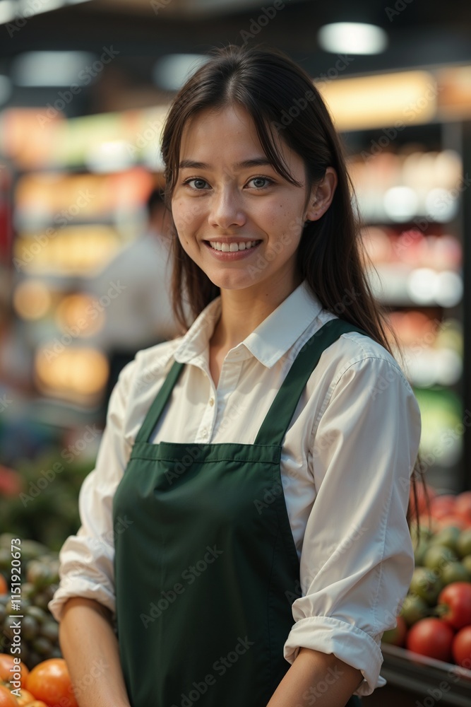 Smiling young female salesperson at work, cheerful expression, grocery store portrait, vibrant setting Smiling young female salesperson at work, cheerful expression, grocery store portrait, vibrant setting