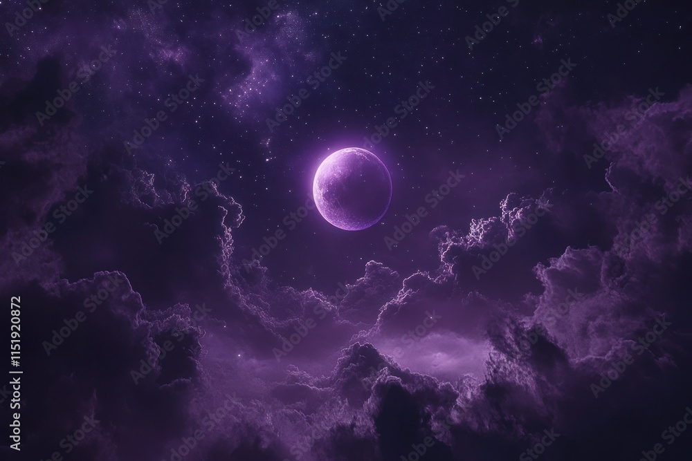 Ethereal Cosmic Scene Featuring a Bright Purple Moon Surrounded by Dark, Dreamy Clouds and a Starry Sky in a Mysterious Night Landscape Ethereal Cosmic Scene Featuring a Bright Purple Moon Surrounded by Dark, Dreamy Clouds and a Starry Sky in a Mysterious Night Landscape