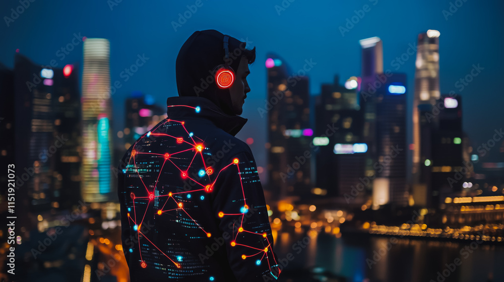 Abstract businesswoman stands on the peak of success Smart digital city with connection cyber security network reciprocity over the cityscape future wireless digital city and social media networking Abstract businesswoman stands on the peak of success Smart digital city with connection cyber security network reciprocity over the cityscape future wireless digital city and social media networking