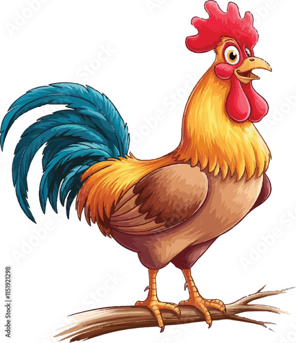 Watercolor vector of a cartoon rooster animation, isolated on a white background, eps.