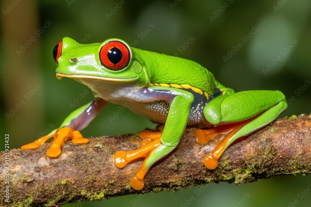 A vibrant green tree frog clinging to a leaf, its bright eyes contrasting with the lush greenery around it A vibrant green tree frog clinging to a leaf, its bright eyes contrasting with the lush greenery around it