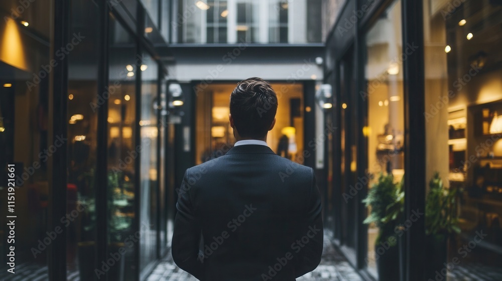 Naklejka premium Reflections of Loss, a businessperson gazes out at a shuttered storefront, pondering the decline of their once-thriving enterprise
