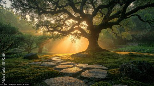 Golden Hour Serenity: A majestic oak tree stands tall, bathed in the warm glow of sunrise, as a stone path winds through a tranquil garden, creating a serene and inspiring scene.  photo